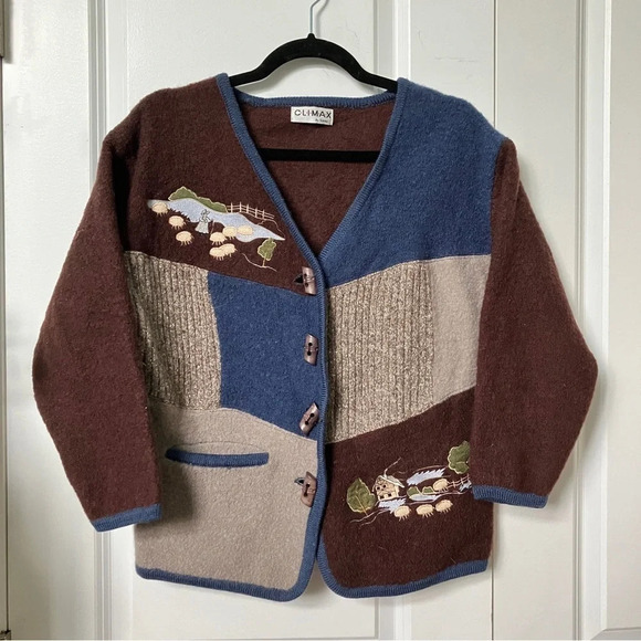 Vintage Climax by Sasha Cardigan Brown Blue Cottagecore Sheep Landscape Sweater - Picture 2 of 9